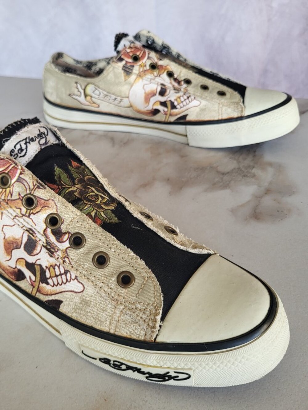 Ed Hardy Slip On Lace less Sneakers Beige Men's Size 11